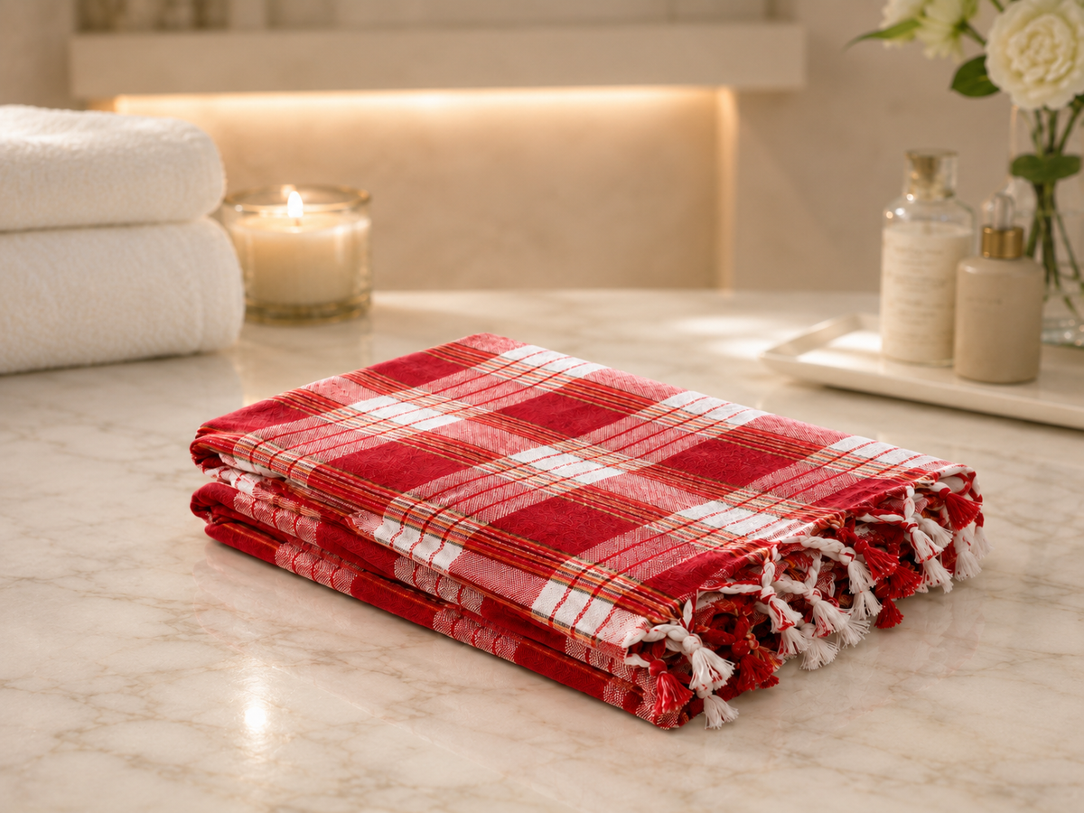 Spa ve hamam kullanımı için kırmızı ekose peştemal